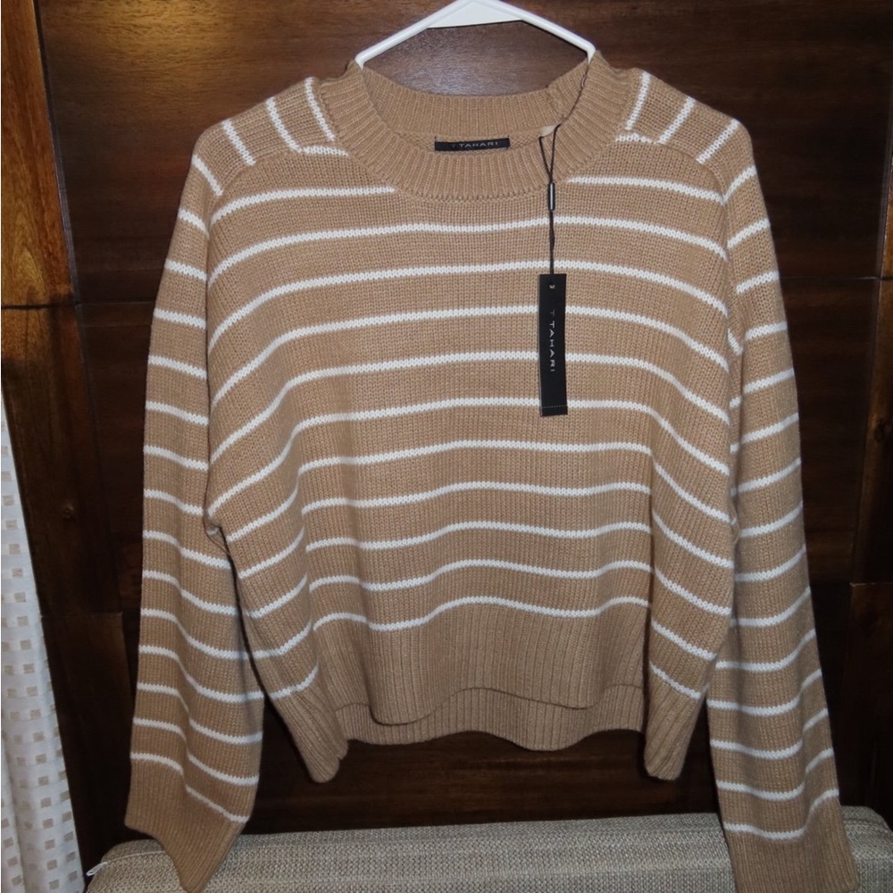T Tahari Beige and White Striped Sweater